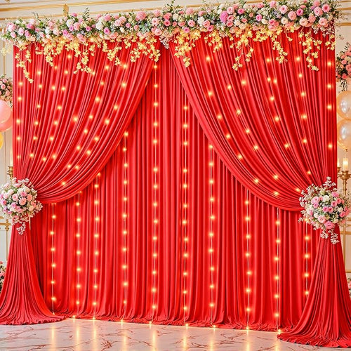 10 x 10 ft Red Backdrop Curtains with Lights String for Wedding Polyester Photo Backdrop Drapes Wrinkle Free Red Long Curtains for Birthday Parties Reception Baby Shower Ceremony-10 x 5ft x 2 Panels