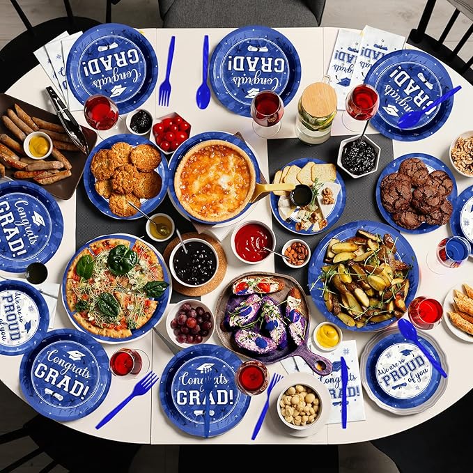 Graduation Party Supplies Congrats Grad Plates and Napkins Set Serve 50, Disposable Tableware Paper Plates Napkins Cups Knives Spoons Forks Straws for Class of 2026 Graduation Party Decorations (Blue)