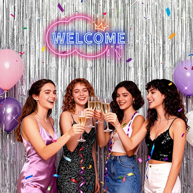 2 Pack Shiny Silver Foil Fringe Curtains | Party Streamers & Photo Booth Backdrop for Birthday, Wedding, Baby Shower, Bachelorette, Graduation & Christmas