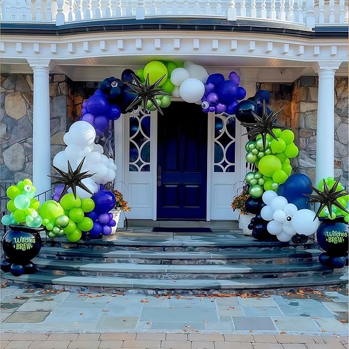Halloween Balloon Arch Garland Kit, Purple Neon Green Party Decor with Star Spikes & Black and White Stripes Foil Balloons, Black Eyes Green Spooky Balloon for halloween Outdoor Party Decorations