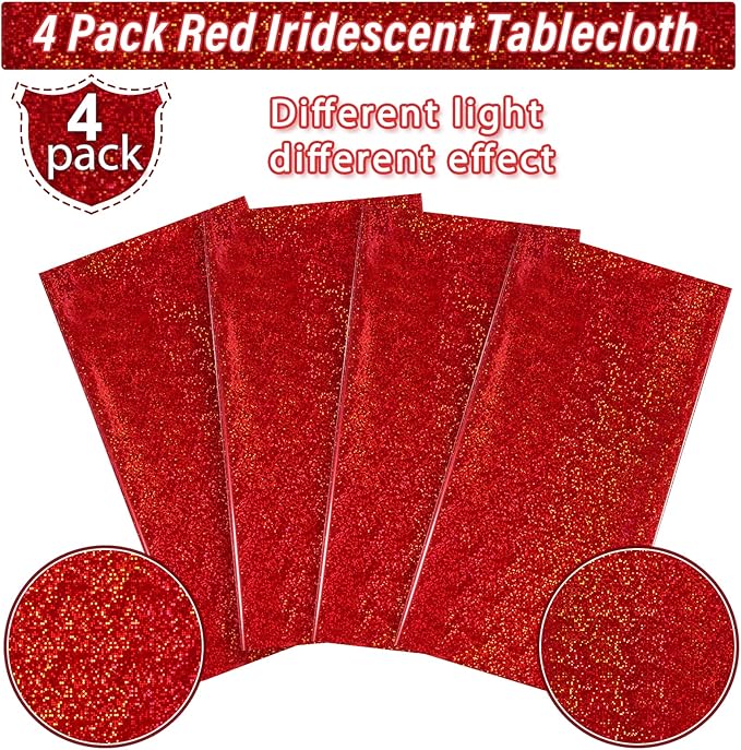 4Pack Iridescence Red Plastic Tablecloths Shiny Disposable Laser Rectangle Table Covers Holographic Foil Tablecloth Iridescent Party Decoration Birthday Bridal Christmas Lunar New Year 54" x 108"(Red)