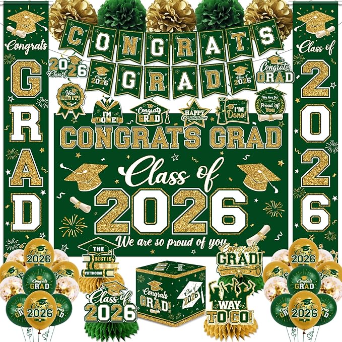Green and Gold Graduation Decorations 2026 Set, All-in-1 Kit with Congrats Grad Banner Class of 2026 Backdrop Porch Sign Balloons Centerpieces Card Box Pom Poms Streamers for College High School