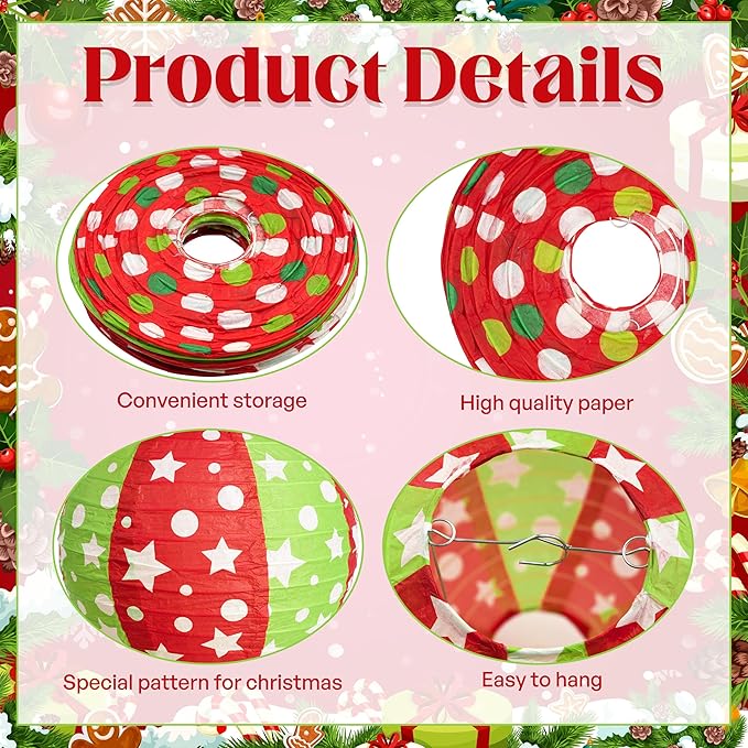 12 Pcs Red Green Christmas Hanging Paper Lanterns 8 Inch Christmas Party Lanterns Indoor Outdoor Decorative for Xmas Holiday Party Baby Shower Birthday