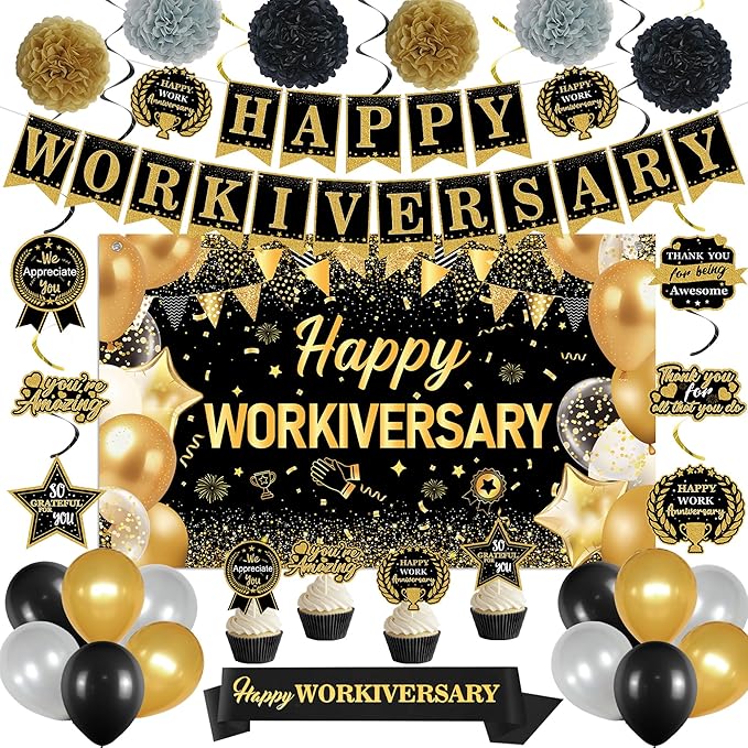 DARUNAXY Happy Workiversary Party Decorations for Men Women, Black Gold Happy Work Anniversary Banner Cake Topper Hanging Swirl Confetti Balloons Decor Set for Employee Office Party Supplies(31PC)