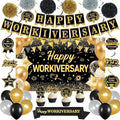 DARUNAXY Happy Workiversary Party Decorations for Men Women, Black Gold Happy Work Anniversary Banner Cake Topper Hanging Swirl Confetti Balloons Decor Set for Employee Office Party Supplies(31PC)