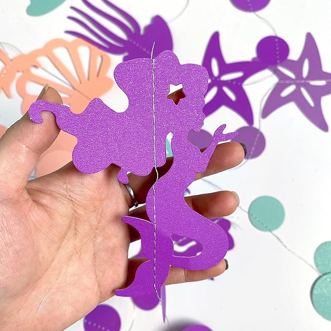 52 Ft Mermaid Party Decorations Purple Teal Coral Garland with Jellyfish Seashell Starfish Pearl Lavender Aqua Paper Streamer for Under The Sea Little Mermaid Theme Birthday Bachelorette Baby Shower