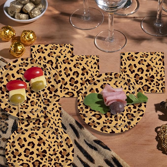 142PCS Leopard Print Party Decorations,Jungle Animal theme Decorations Include Tableware, Plate, Cup, Napkin, Cutlery, Animal Cheetah Print Birthday Party Supplies Serve 20