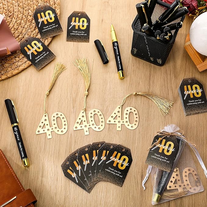 Spakon 25 Set 40th Birthday Party Favor for Guest Anniversary Party Favor Golden Birthday Bookmark Thanks for Coming Pen with Tag Appreciation Gifts for Women Men Wedding New Year