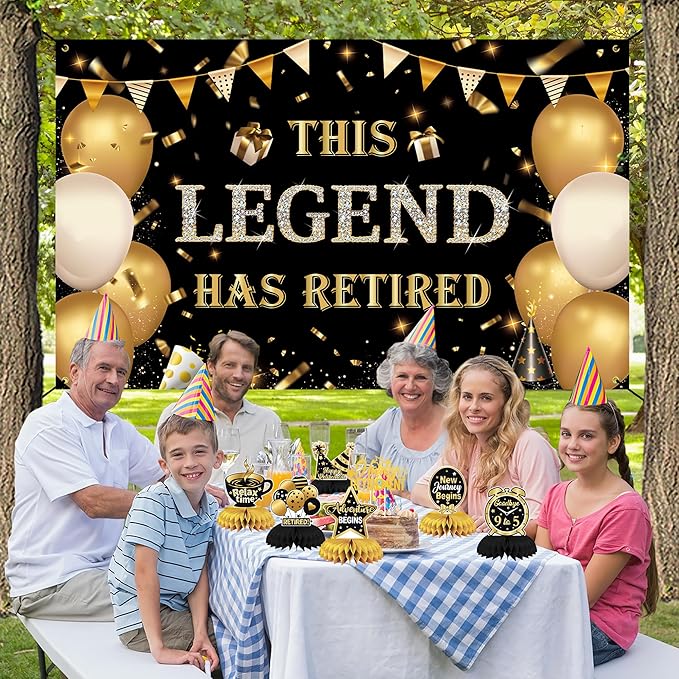 DARUNAXY Black Gold Retirement Party Decorations, This Legend Has Retired Banner Congratulations Quitter Hanging Swirl Honeycomb Confetti Balloons Black & Gold Tissue Paper Pom Poms & Cake Topper