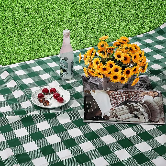 Kesfey 8 Packs Green and White Checkered Tablecovers 54 x 108 Inches Disposable Party Picnic Table Cloth SpillProof Plastic Gingham Tablecovers for Camping Decoration Party Favors