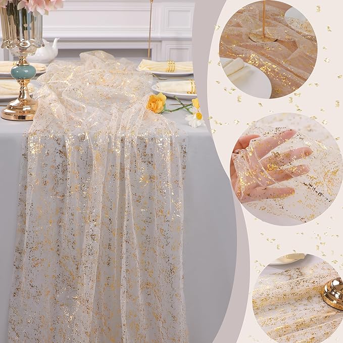 Snowkingdom 3Pcs 10Ft Gold Table Runners, Sheer Gauze Chiffon Cheesecloth Glitter Golden Metallic Foil, Gold Decorations for Home Party Wedding Birthday Anniversary Fall Thanksgiving Christmas Holiday
