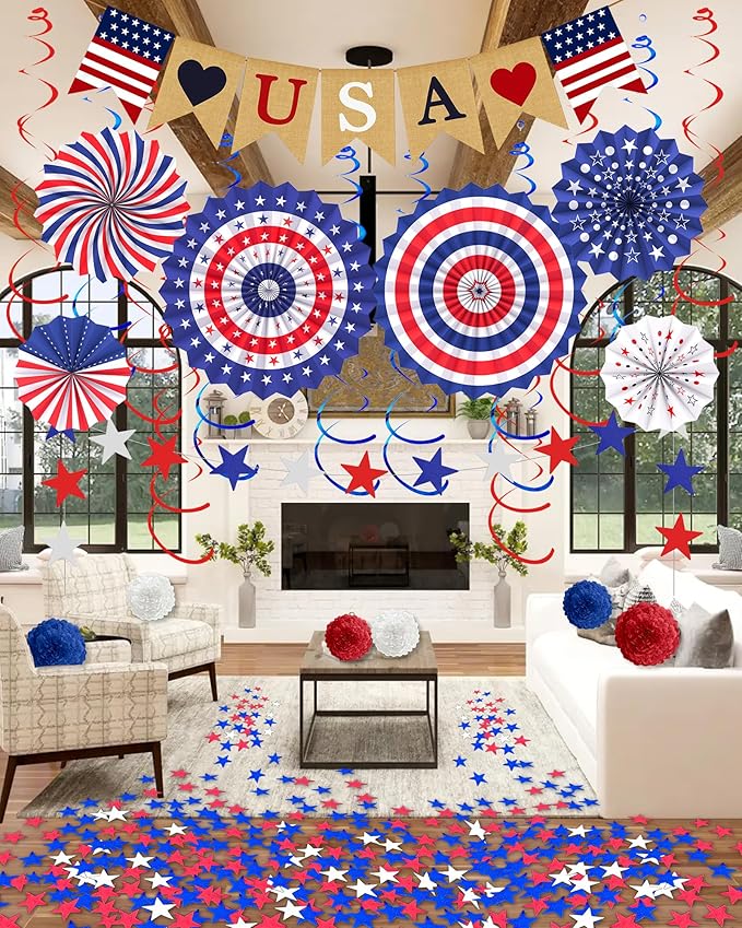 33 Pcs 4th/Fourth of July Memorial Day Decorations, Patriotic Decorations Outdoor Indoor Office USA Banner Red White Blue Star Streamer Hanging Swirls Veterans Day Decor for Independence Day