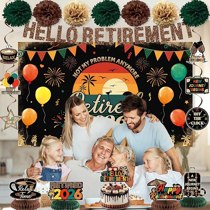 Holkcog Retirement Party Decoration, Vintage 2026 Retired Banner Background, Hello Retirement Honeycomb Centerpieces Hanging Swirls Cake Top, Office 2026 Retired Farewell Good Luck Goddbye Party Decor