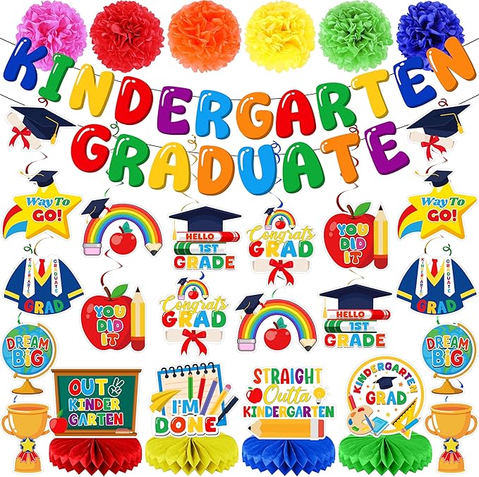 Kindergarten Graduation Decorations Set, Congrats Grad Decor Kit - 27 PCS with Banner, Pom Poms, Hanging Swirls & Centerpieces, Class of 2026 Party Supplies