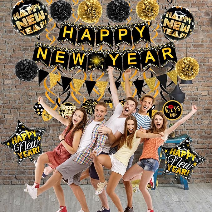 Famoby Happy New Year Paper Banner Triangle Flag Bunting Pom poms Swirls Streamers & Balloons for New year Party Decoration