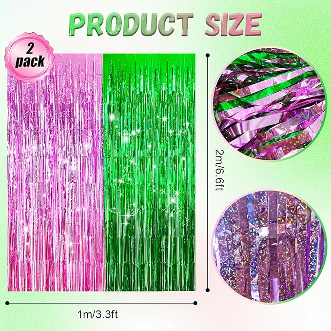 MYUPDALIN 2 Pack Pink and Green Foil Fringe Tinsel Backdrop Party Decorations for Witch Theme Birthday Party Decor