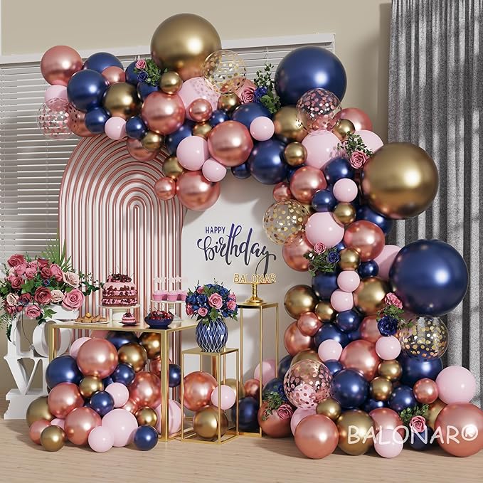 Navy Blue Rose Gold Pink Gold Confetti Latex Balloons with 140pcs 18/10/5/Inch Metallic Chrome Balloons for Birthday Party Wedding Graduation Bridal Shower Decorations (Navy Blue)