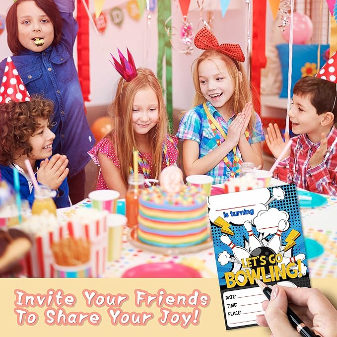 DETIHO 4" x 6" Bowling Birthday Party Invitation Cards With Envelopes - Let's Go Bowling - Fill In Style Party Invitation - 20 Sets - E18