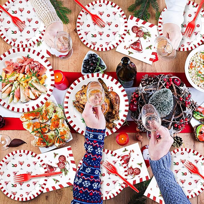 Christmas Cocktail Xmas Martini Cocktail Candy Cane Party Plate Supplies - Serves 24-96Pcs Party Tableware Decoration Disposable Paper Plate Napkin Fork for Winter Holiday Birthday