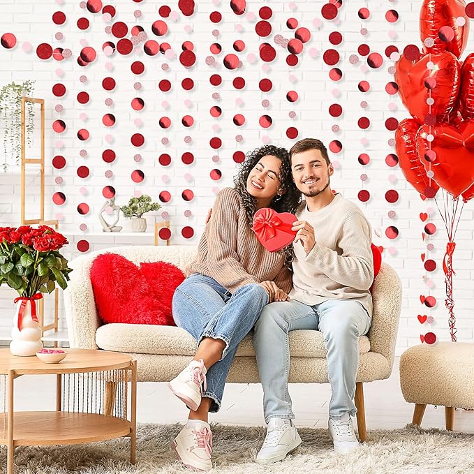 Outus 10 Pieces Red,Pink Round Dots Garland Easter Graduation Party Hanging Decor Each Length 13.1ft Glitter Paper Dot Streamers for Birthday Wedding Classroom