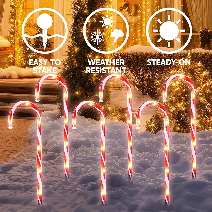 Joiedomi 12 Pcs Christmas Candy Cane Pathway Markers Lights, 16” Stakes Lights with Warm White, Waterproof Outdoor Decorations for Xmas Indoor and Outdoor Decorations Yard, Walkway, Lawn, Garden