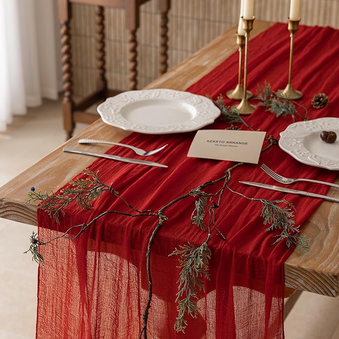 Keketoarrange 6pcs Red Cheesecloth Table Runner Cheese Cloth Rustic Gauze Table Runner 120 Inch 10 FT for Wedding Baby Bridal Shower Sheer Boho Holiday Spring Home Decorations