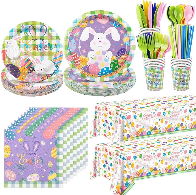 Kochorie 194 Pcs Colorful Easter Tableware Set Bunny Egg Dinnerware Supplies Include Paper Plates Napkins Cups Cutlery Tablecloth for Spring Easter Party Decoration, Serves 24 Guests