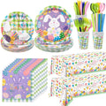 Kochorie 194 Pcs Colorful Easter Tableware Set Bunny Egg Dinnerware Supplies Include Paper Plates Napkins Cups Cutlery Tablecloth for Spring Easter Party Decoration, Serves 24 Guests