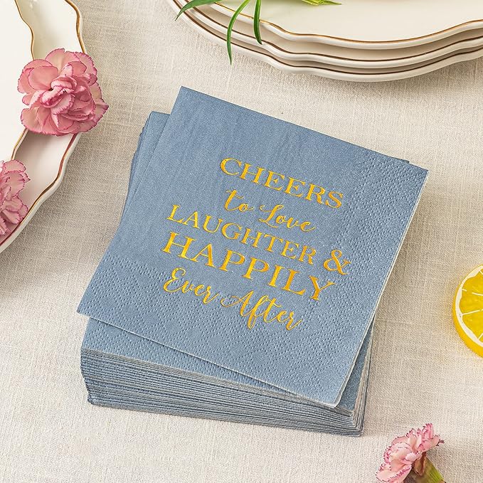 Crisky Dusty Blue Bridal Shower Napkins Disposable Cocktail Napkins Gold Foil Beverage Desert Cake Napkins Engagement Party Decorations & Wedding Shower, Rehearsal Dinners Napkins [50 pcs, 3-ply]