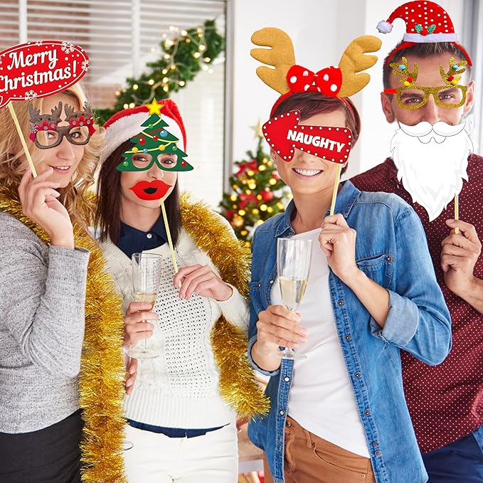 52 Pcs Christmas Photo Booth Props Kit, 20Pcs Glitter Eyeglasses Frame Hats Hairhoop and 32Pcs DIY Selfie Pose Signs for Xmas Party Decoration, Funny Christmas Holiday Party Favor Supplies for Adults