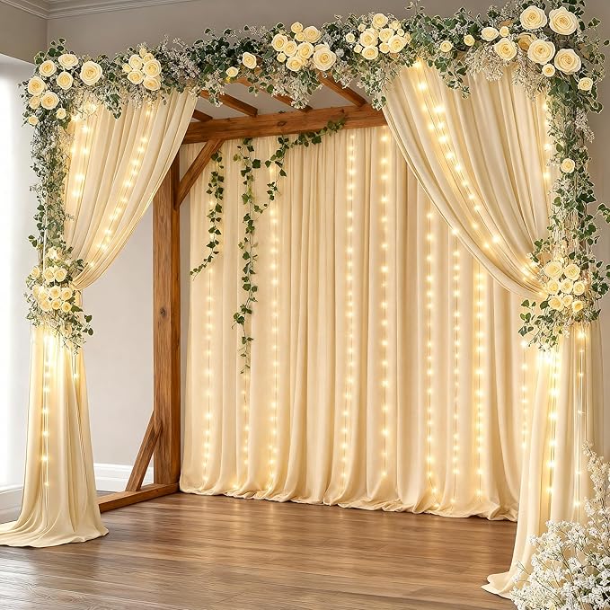 Light Champagne Backdrop Curtains with Lights String for Parties,10x10FT Wrinkle Free Wedding Photo Backdrop Curtains for Baby Shower Birthday Ceremony Reception Home Party Decorations-5ft x 10ft