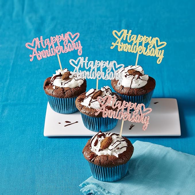 Gyufise 24Pcs Glitter Happy Anniversary Cupcake Toppers Anniversary Party Supplies Cake Decoration Wedding Anniversary Celebration Party Decoration Supplies Multi
