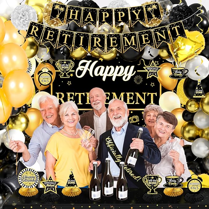 Retirement Party Decorations for Men Women 109Pcs Black Gold Happy Retirement Set Retired Banner Backdrop Balloons Sash Swirls Pompoms Tablecloth Honeycomb - Indoor Outdoor Reusable