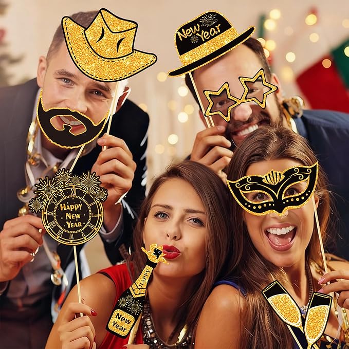 56 PCS New Year’s Eve Party Supplies 2026 Including Happy New Year Hats, Necklaces and New Year Photo Booth Props for New Year's Eve Party Favors (Photo Booth Props)