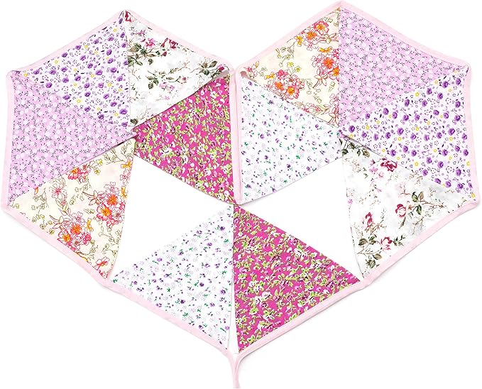 LOVENJOY Pink Floral 100% Cotton Bunting Banner for Girls Shabby Chic Wedding Birthday Decoration