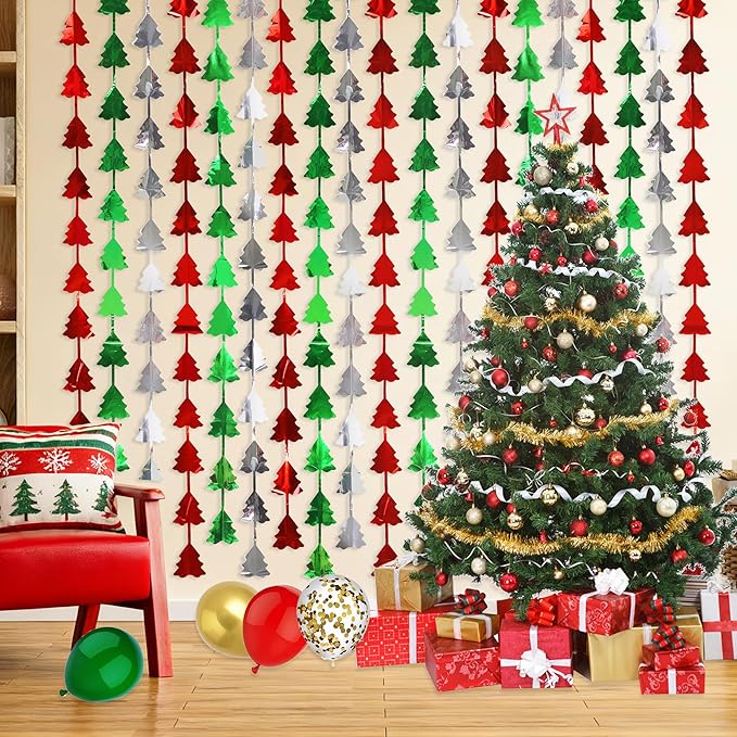 Christmas Party Decorations 3 Pack Christmas Foil Fringe Curtains 3.3 X 6.6 ft Red Green Silver Tinsel Curtain Xmas Fringe Streamer Backdrop Photo Backdrop for Ugly Sweater Party Decorations