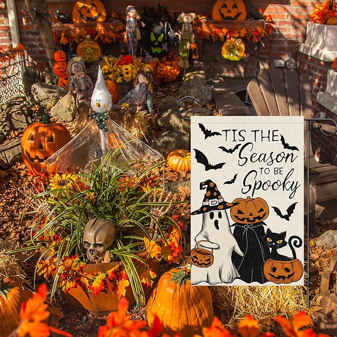 Halloween Garden Flag Tis the Season to be Spooky Ghost Pumpkins Black Cat Yard Flag 12x18 Inch Double Sided Holiday Yard Outdoor Decoration