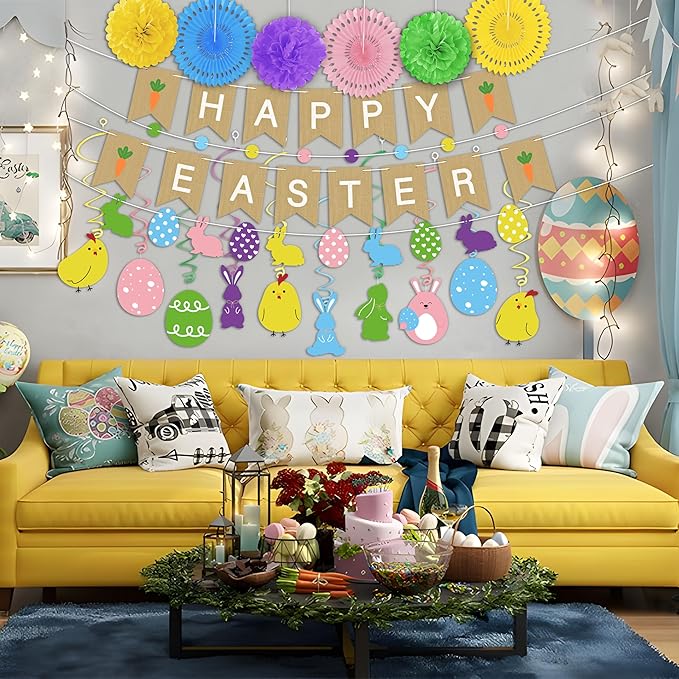 Easter Animal Party Decorations Set for Home: Happy Easter Banner Egg Bunny Hanging Swirls Yellow Purple Green Pom Pom Ornaments Spring Decor for Indoor Birthday Party Supplies