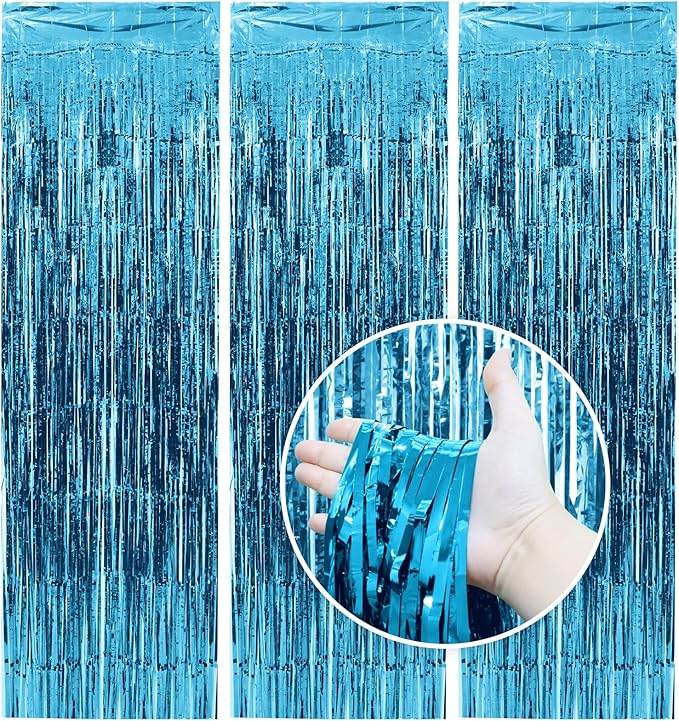 Homiest 3 Pack Light Blue Tinsel Backdrop, 3.3x6.6 FT Metallic Tinsel Foil Fringe Curtains Party Decorations, Birthday Door Streamers for Baby Shower Wedding, Photo Booth Props Background Wall Decor
