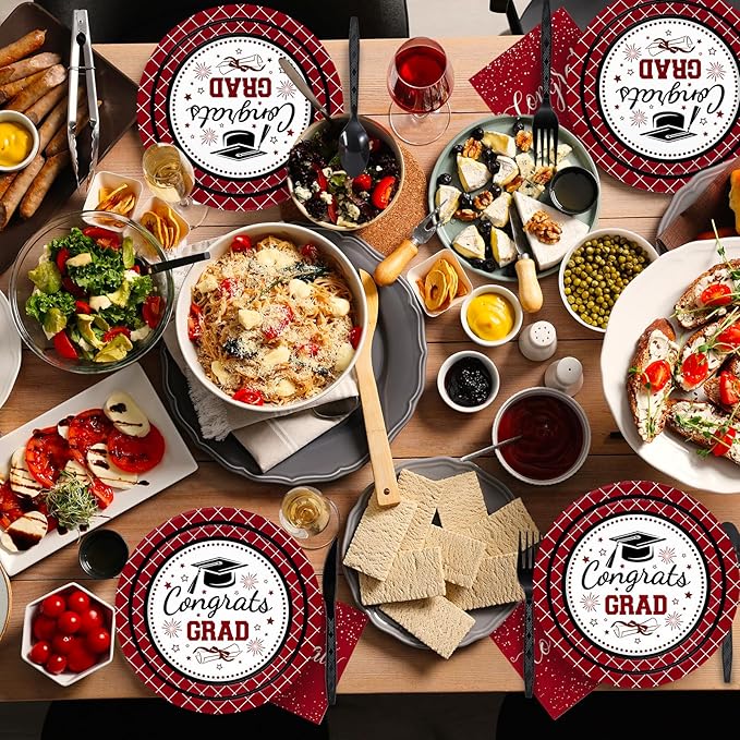 Whaline 175 Pcs Graduation Paper Plates and Napkins Set Dinnerware Maroon Congrats Grad Disposable Tableware Cups and Cutlery for 25 Guests Graduates Party Supplies