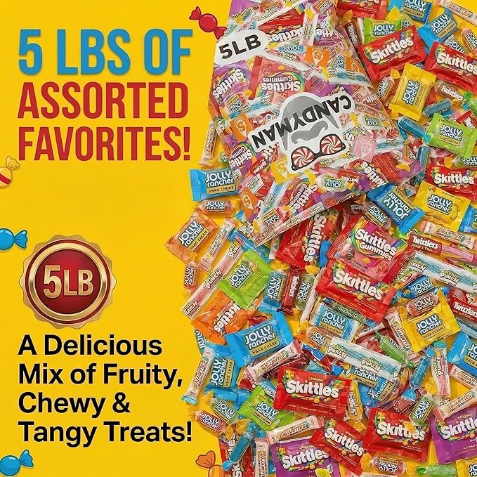 CANDYMAN Assorted Candy Variety Pack 5lbs of Pinata Stuffers, Bulk Candy for Party Favors Goodie Bags for Birthday Party, Candies in Bulk Individually Wrapped