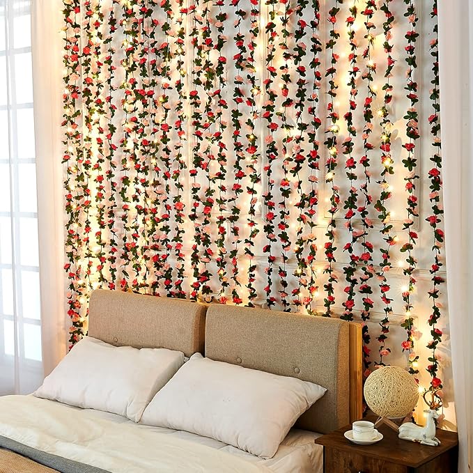 MARTINE MALL Flower Garland Rose Vines, 2 Strands 16.5Ft Flower Vines for Bedroom, Rose Floral Garland Decorations for Room Table Birthday Wedding Party Garden Wall Decor