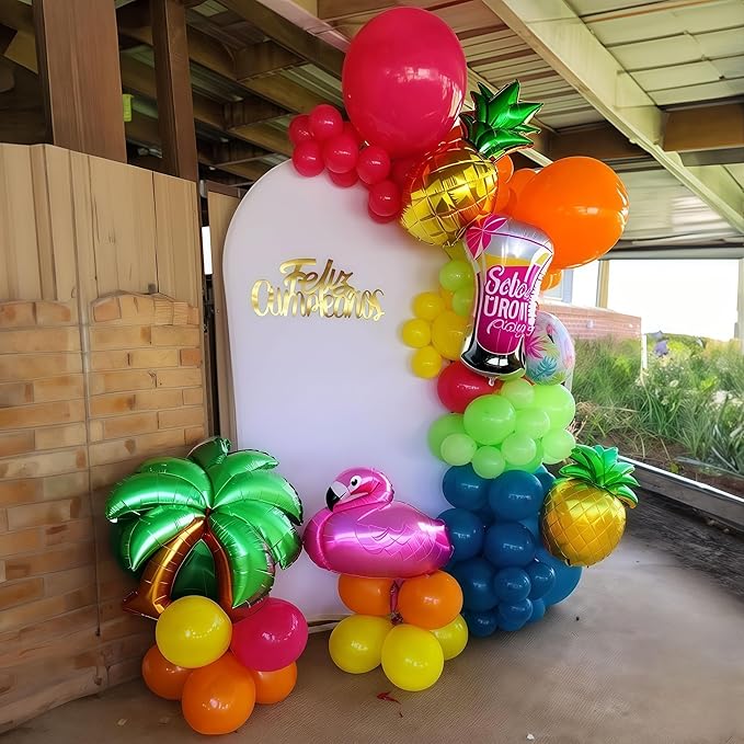 141 Pcs Rainbow Easter Balloon Arch Kit, Hot Pink Lime Green Orange Slate Blue Yellow Latex Neon Summer Tropical Balloon Garland for Hawaiian Luau Aloha Birthday Baby Shower Pool Party Decorations