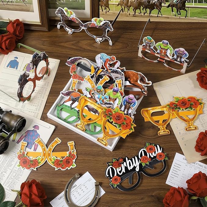 Pajean 36 Pcs Derby Day Glasses Decoration Party Horse Racing Theme Paper Eyeglasses Horse Race Photo Booth Props for Derby Birthday Party Supplies Decorations