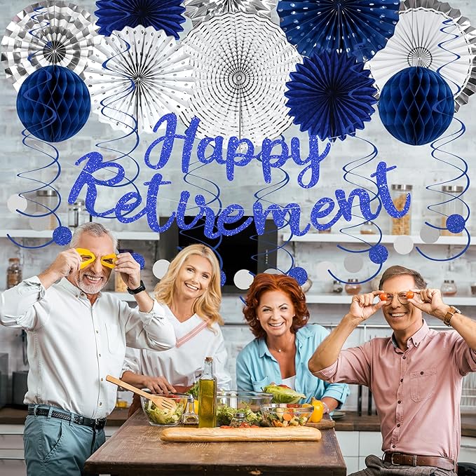 Holkcog Blue Retirement Party Decorations for Men Women, Silver Blue 19pc Happy Retired Banner,Paper Lanterns Streamers,Tissue Pom Poms Honeycomb Flower Fan, Coworker Hanging Retired Decor Supply