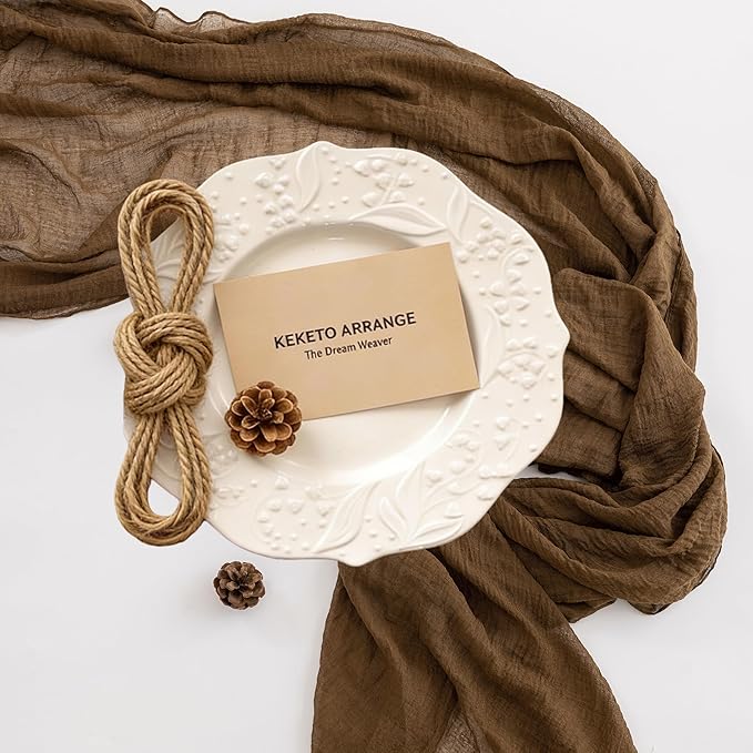 Keketoarrange Coffee Tan Gauze Rustic Cheesecloth Table Runner 120 Inch 10 FT for Wedding Baby Shower Bridal Shower Birthday Engagement Garden Outdoor Party Long Sheer Boho Decorations