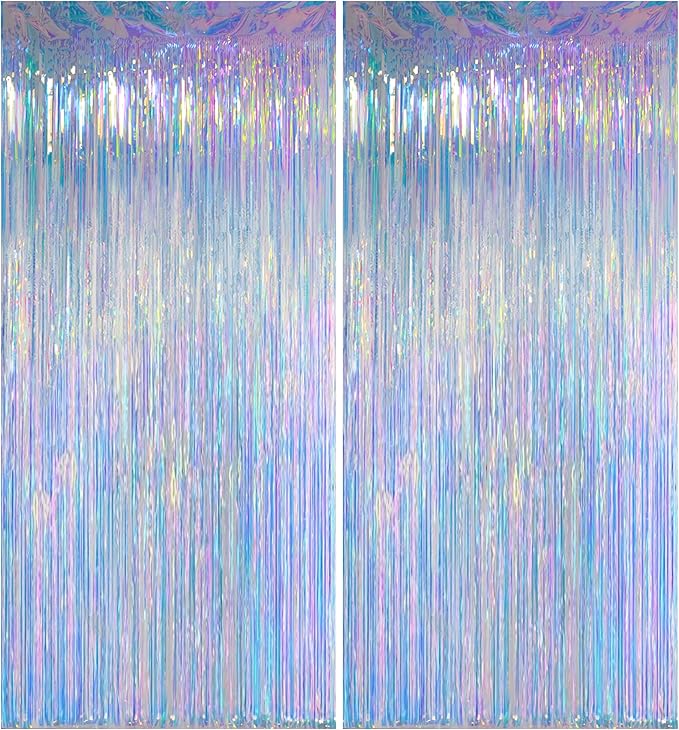 Iridescent Clear Tinsel Curtain Backdrop, 3.28 x 8ft Extra Long Rainbow Foil Fringe Curtain with Extra Tape, Shimmer Party Decoration for Ocean, Unicorn, Birthday & Photo Booth, 2 Pack