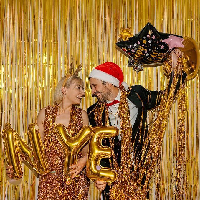 Gold Tinsel Backdrop Curtains, Melsan 3.2 x 8 ft Gold Foil Fringe Curtain Streamers for Birthday, Anniversary, Graduation & Photo Booth, Pack of 2