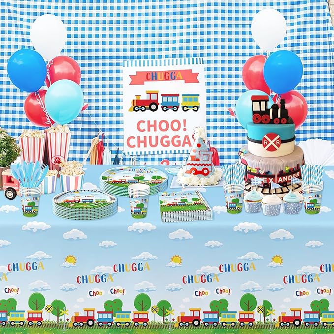 APOWBLS Train Birthday Party Supplies Tableware, Chugga Choo Train 1st 2nd 3rd Birthday Decorations, Paper Plate, Cup, Napkin, Disposable Cutlery, Straw, Tablecloth | 24 Guests