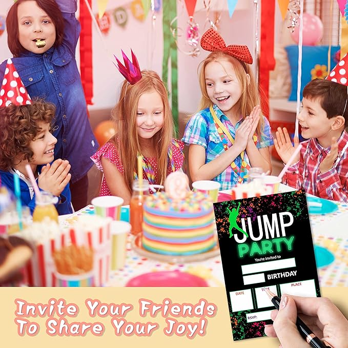 DETIHO 4" x 6" Jump Theme Birthday Party Invitation Cards With Envelopes - Trampoline Park Bounce House Party Invitation - 20 Sets - E33
